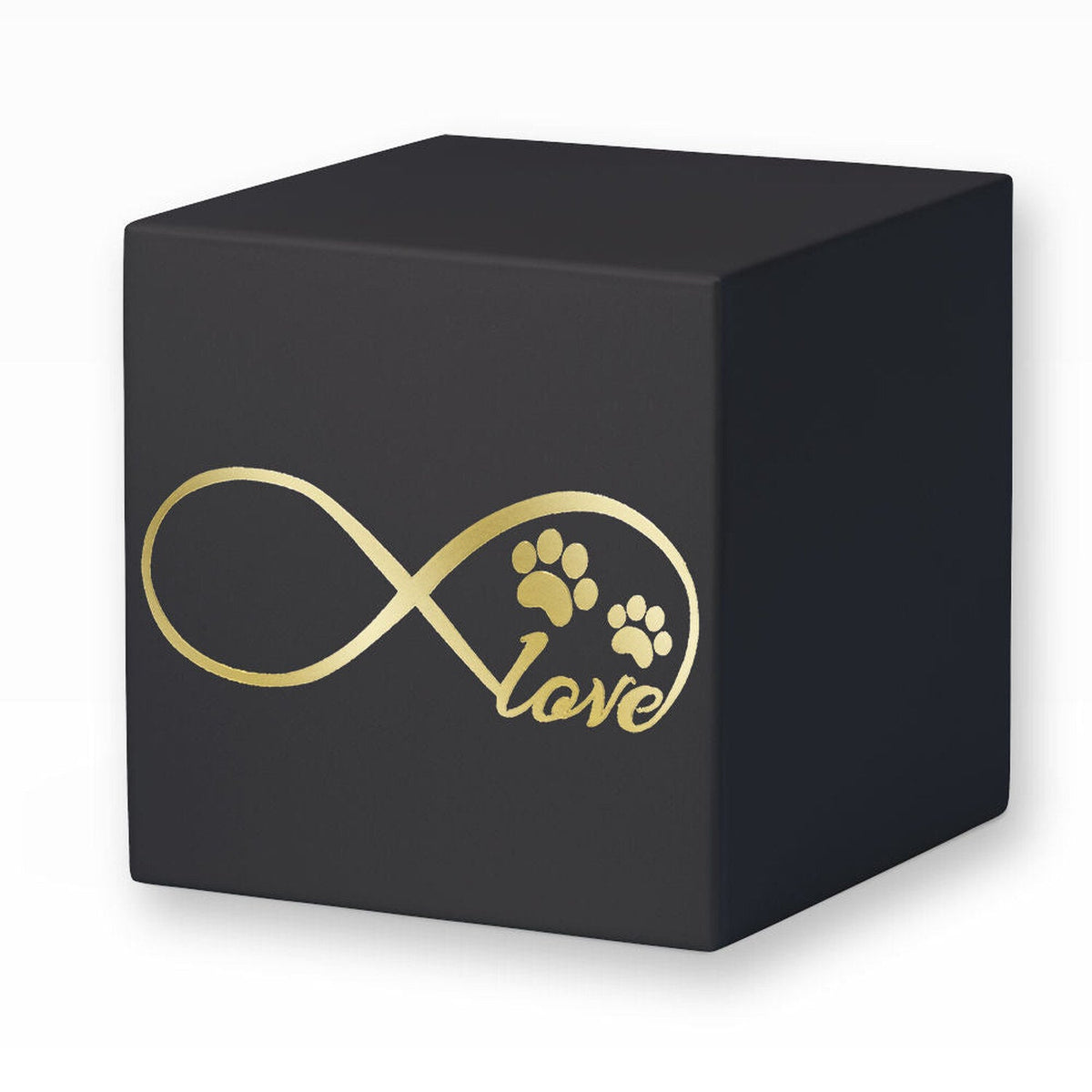 Anthrazitfarbene Würfelurne mit goldenem Unendlichkeitszeichen, Pfoten und Love-Schriftzug