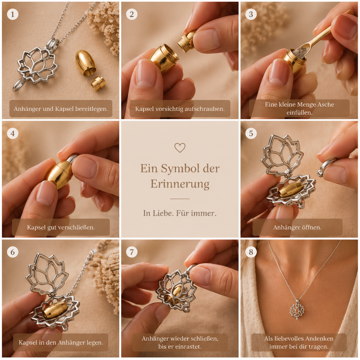 Monello Ascheschmuck Kette mit Lotusblume