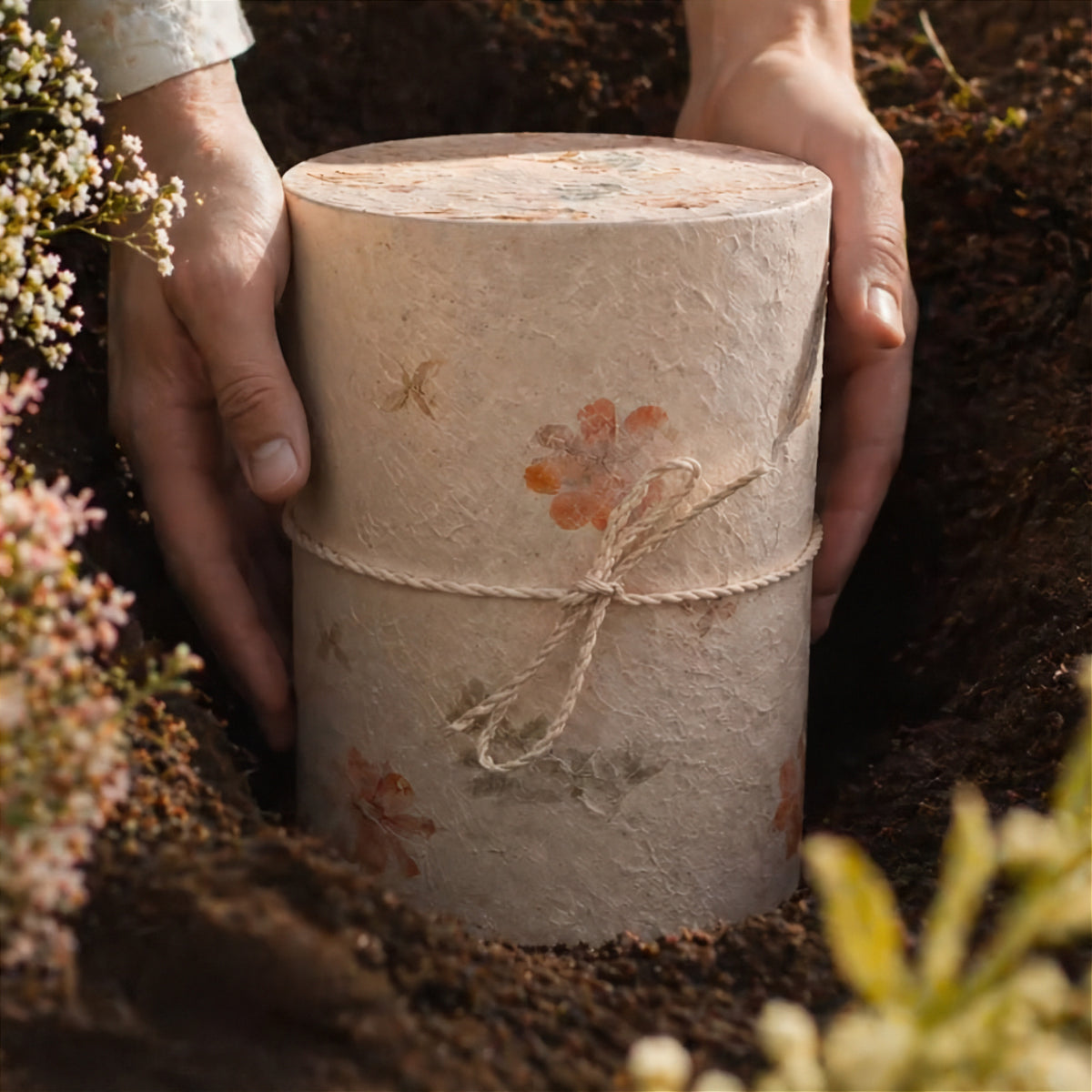 Bio-Tierurne aus Naturstoffpapier mit Blüten für die Erdbestattung