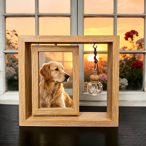 Erinnerungsrahmen aus Holz mit Foto und Glasfläschchen für Fell