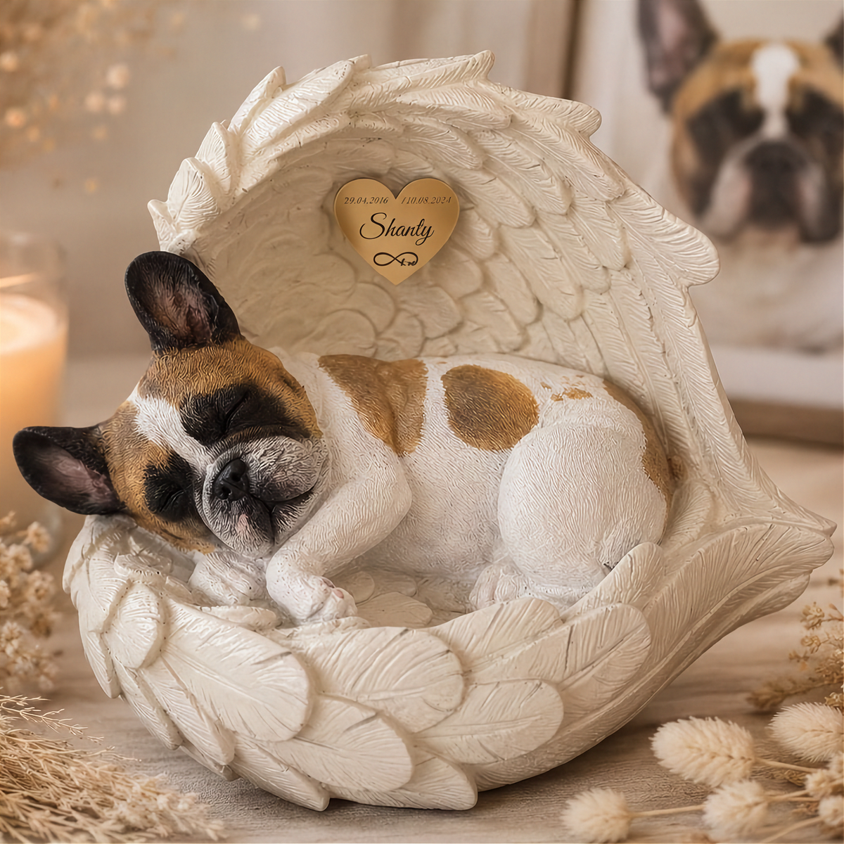 Bemalte Hundeurne Französische Bulldogge nach Foto in Engelsflügeln