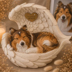 Bemalte Portrait-Hundeurne für Langhaarrassen in Engelsflügeln