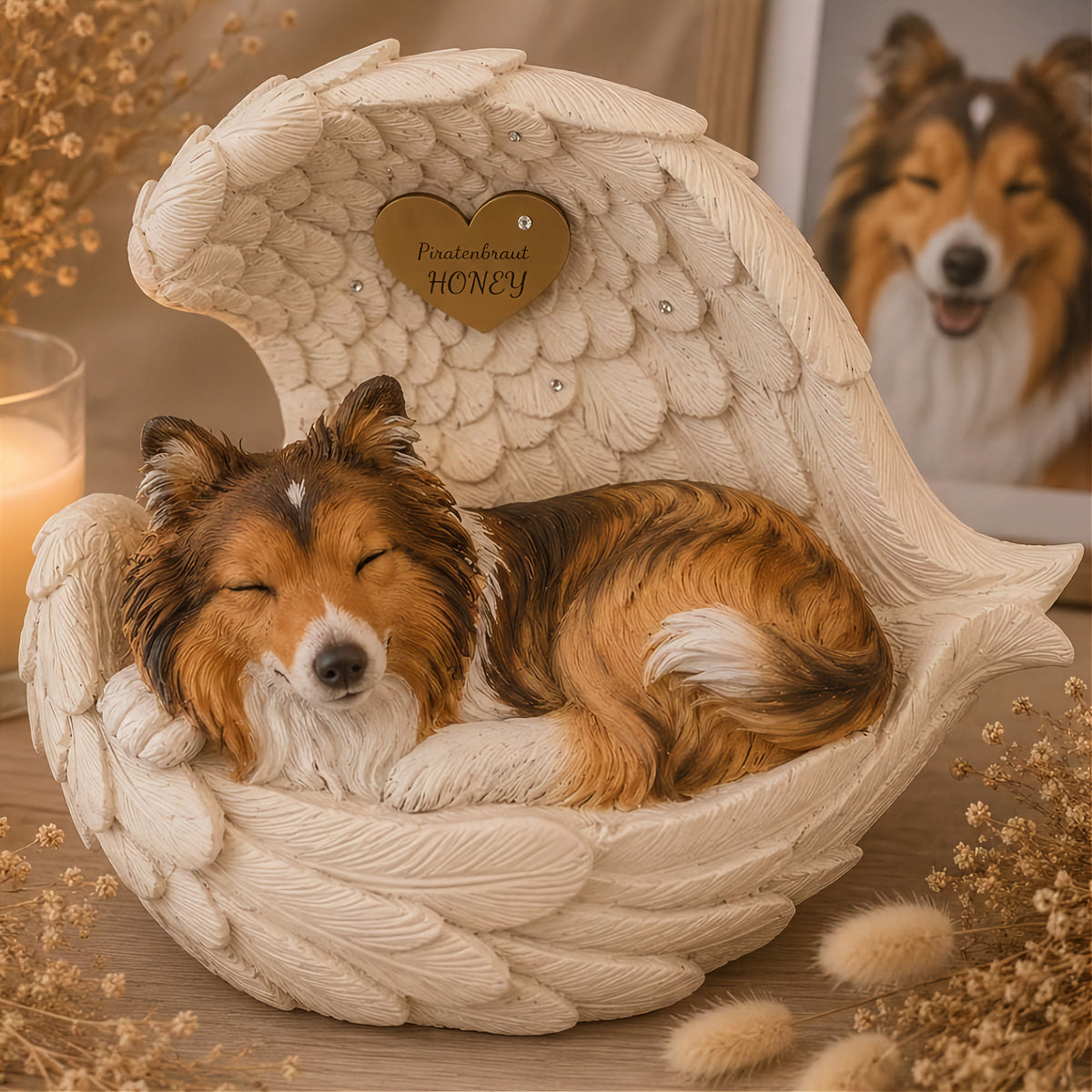 Bemalte Portrait-Hundeurne für Langhaarrassen in Engelsflügeln