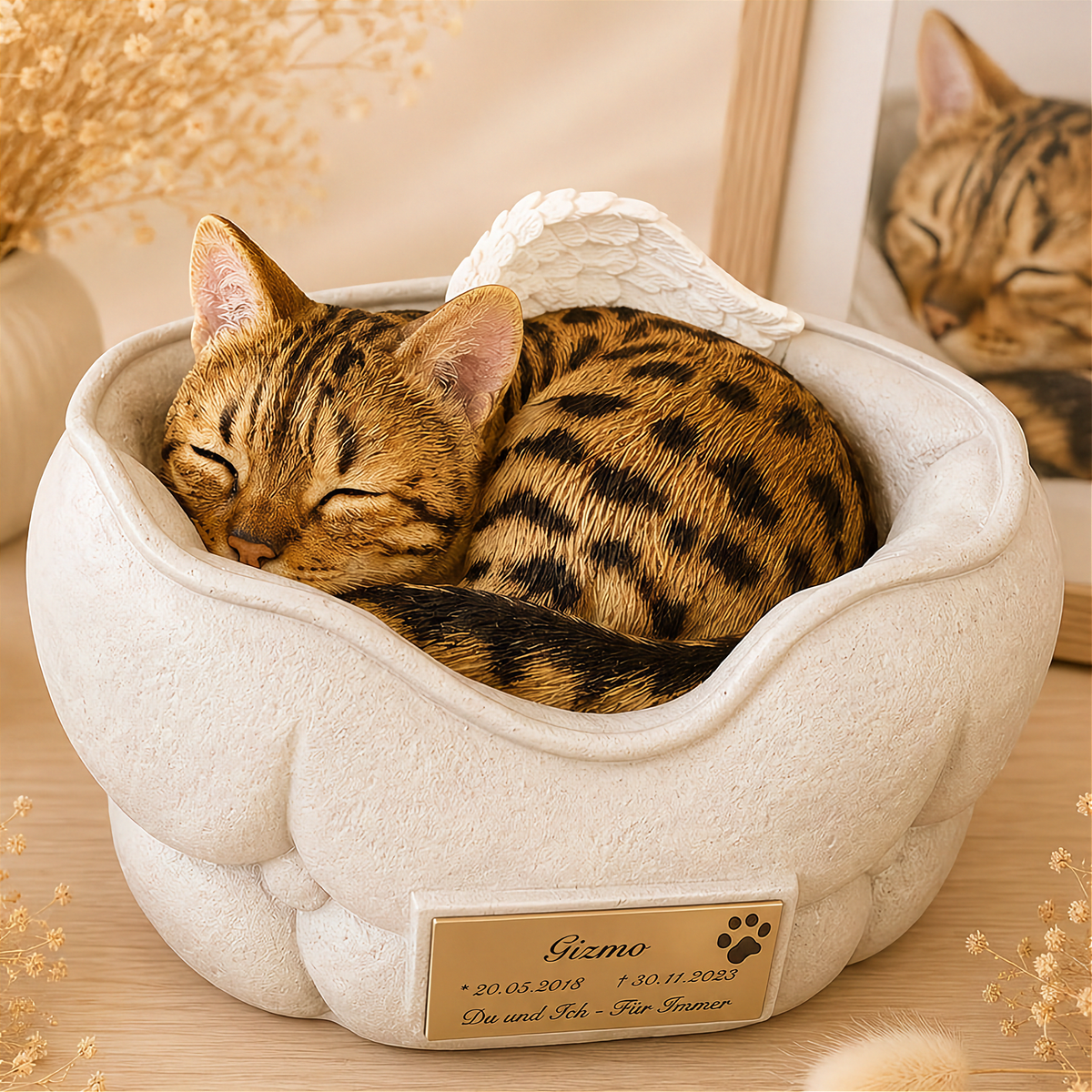 Bemalte Katzenurne Schlafende Katze nach Fotovorlage mit Gravur
