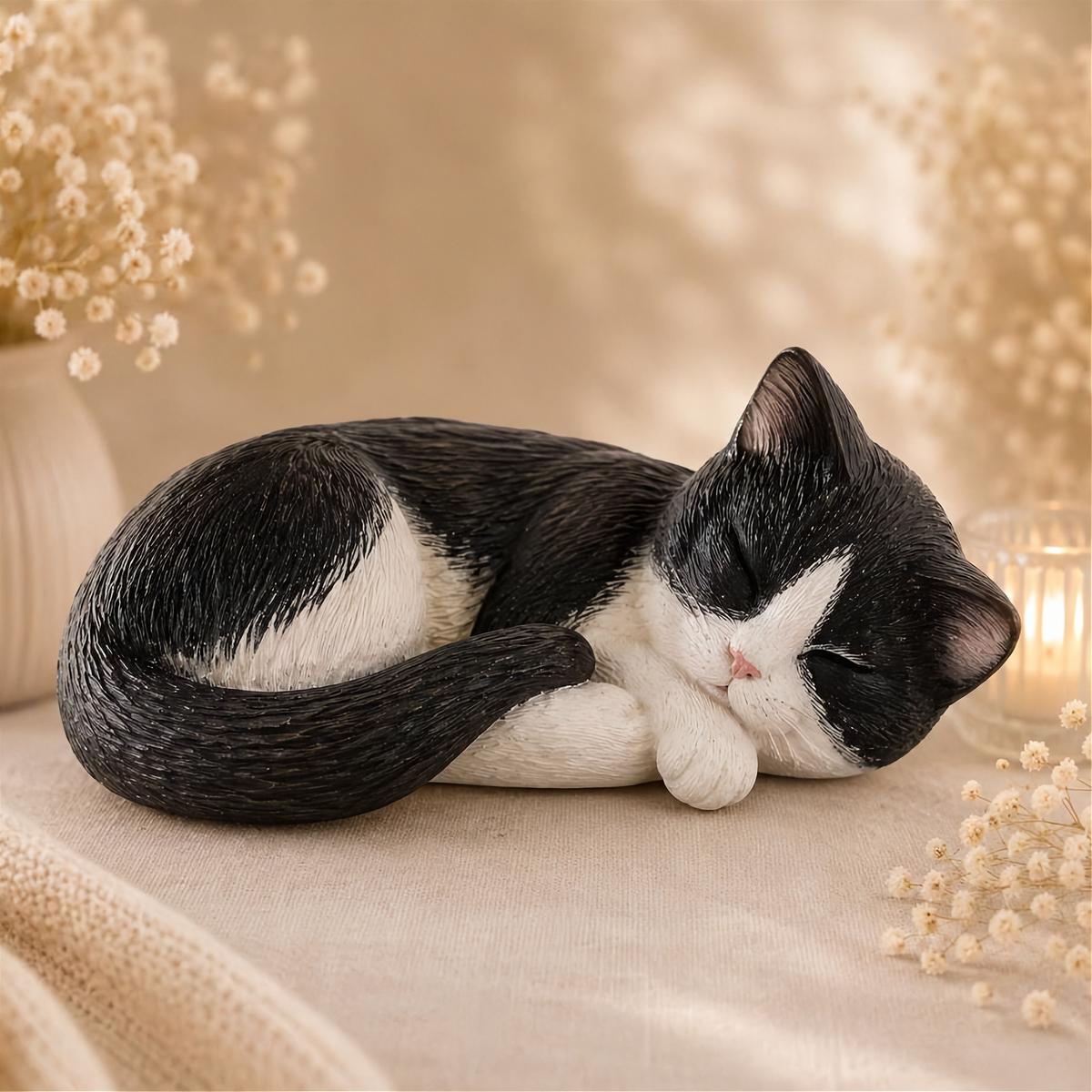 Schlafende Katzenurne aus Keramik, schwarz-weiß bemalt nach Fotovorlage