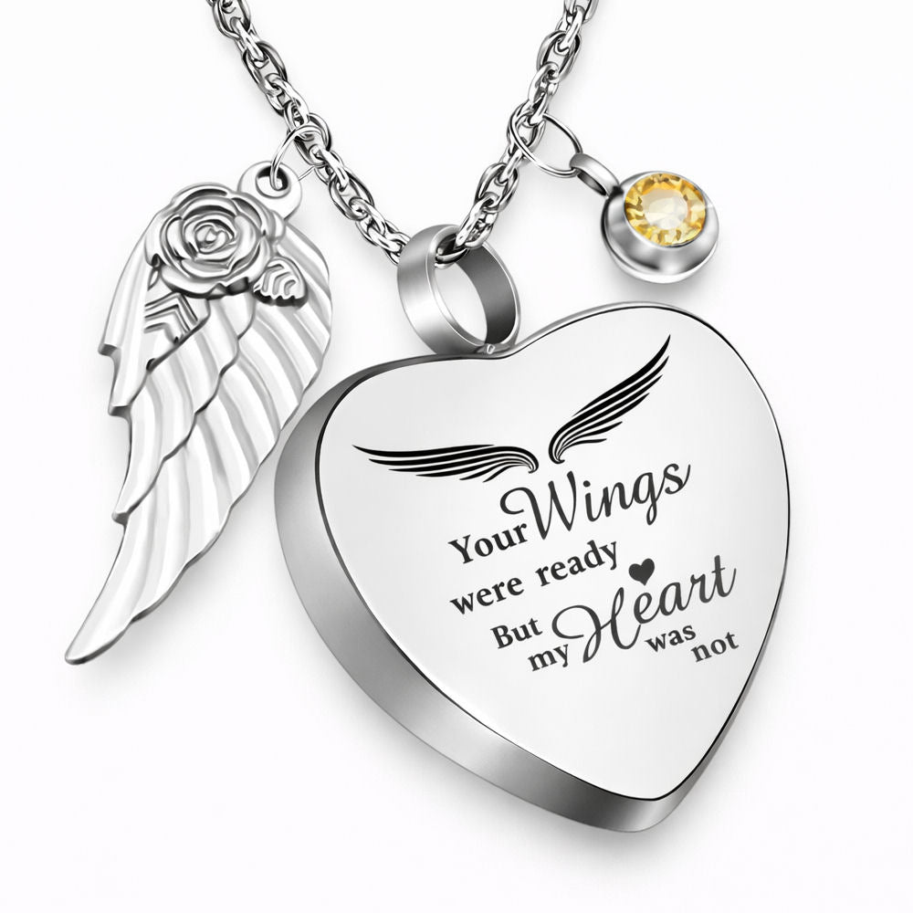 Monello Ascheschmuck Kette mit Herzanhänger Flügel und Geburtsstein