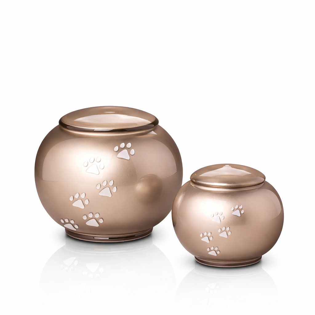 Bauchige Tierurne aus Glas mit Pfotenspur