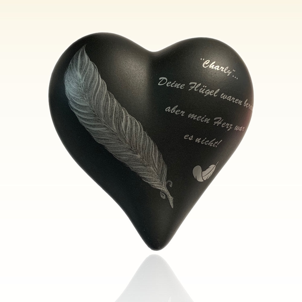 Keramikherz Tierurne Schwarz mit Feder
