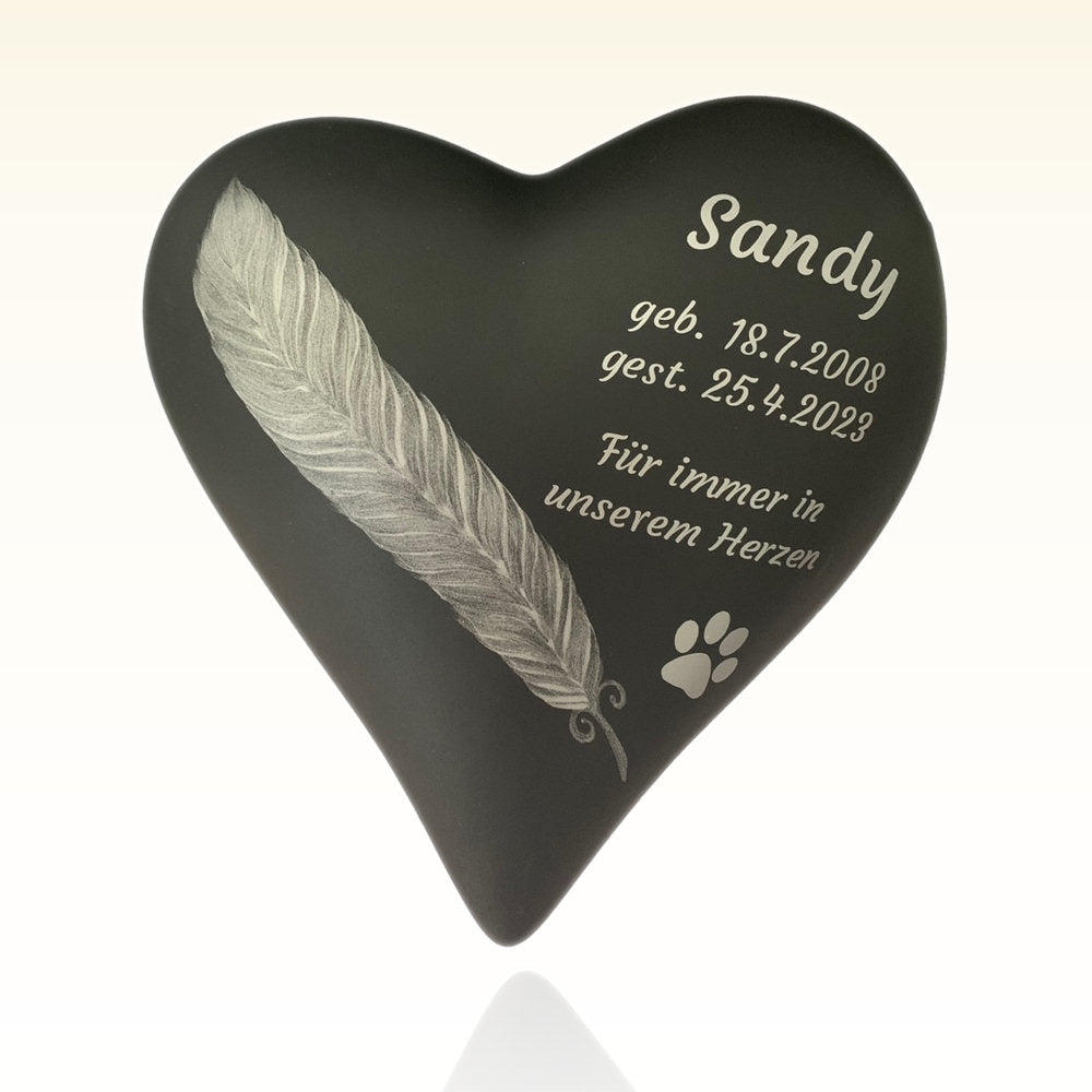 Keramikherz Tierurne Schwarz mit Feder