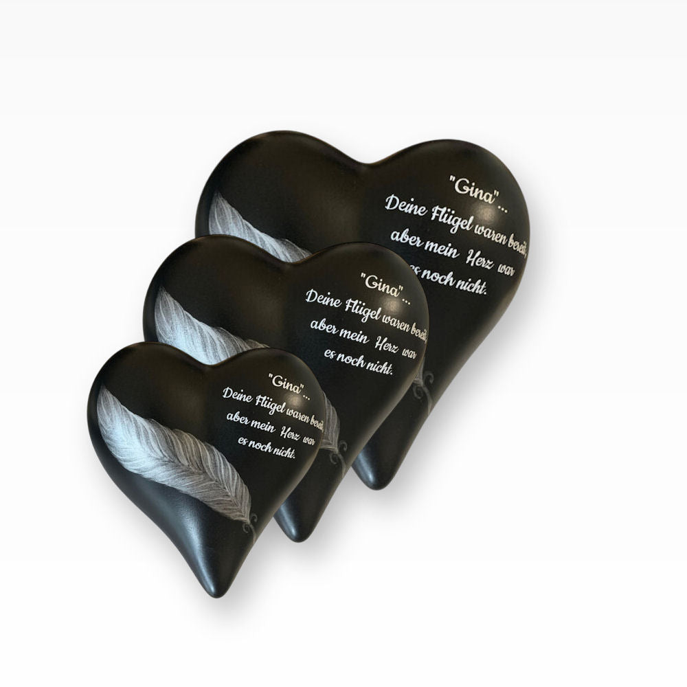 Keramikherz Tierurne Schwarz mit Feder