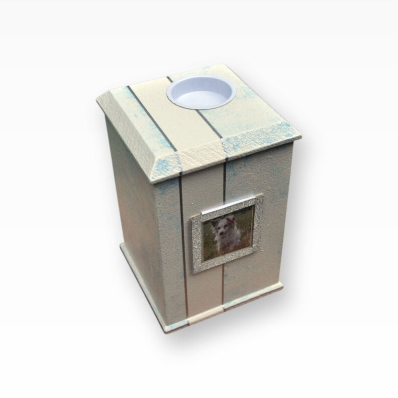 Tierurne Shabby Blau mit Teelicht und Bilderrahmen