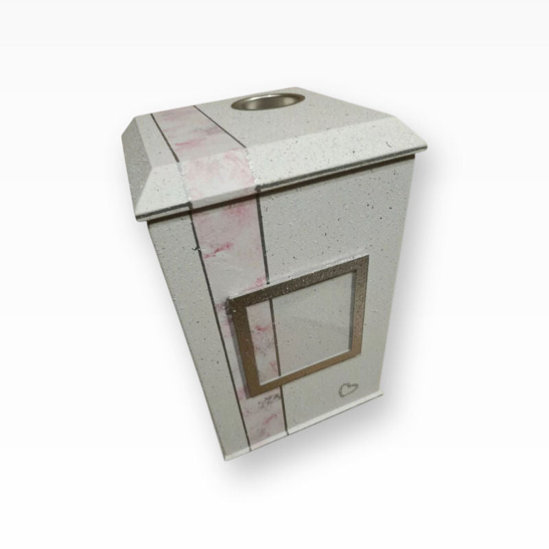 Tierurne Weiss Silber Rosa Dekorband mit Teelicht und Bilderrahmen