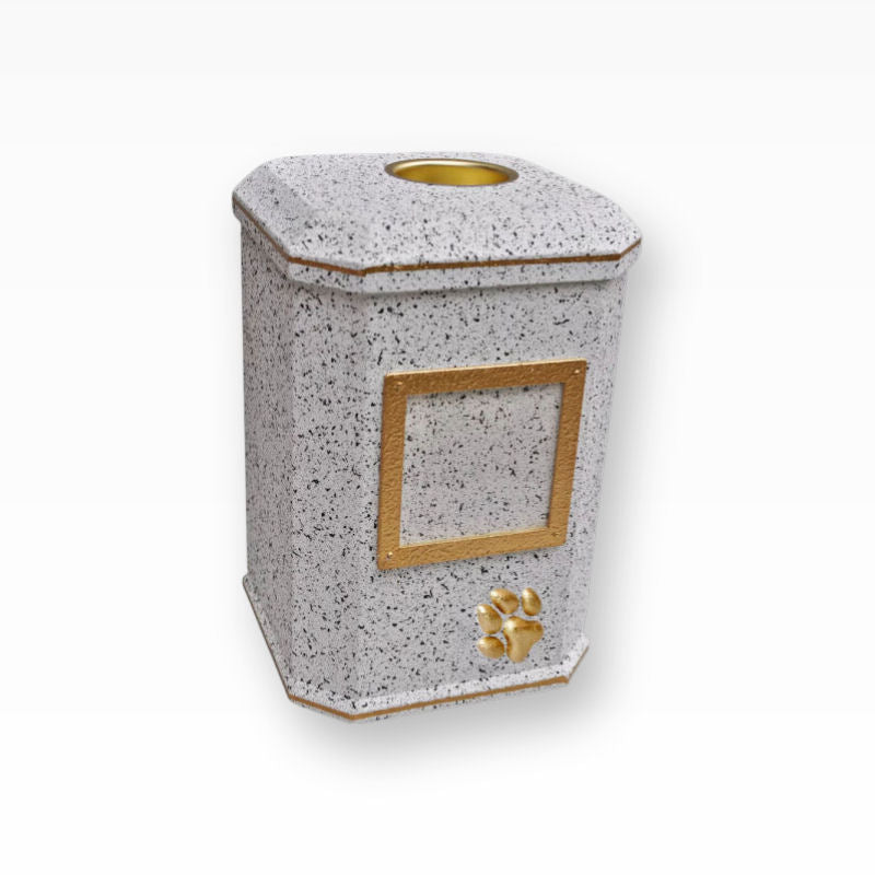 Tierurne Weissgesprenkelt Gold mit Teelicht und Bilderrahmen