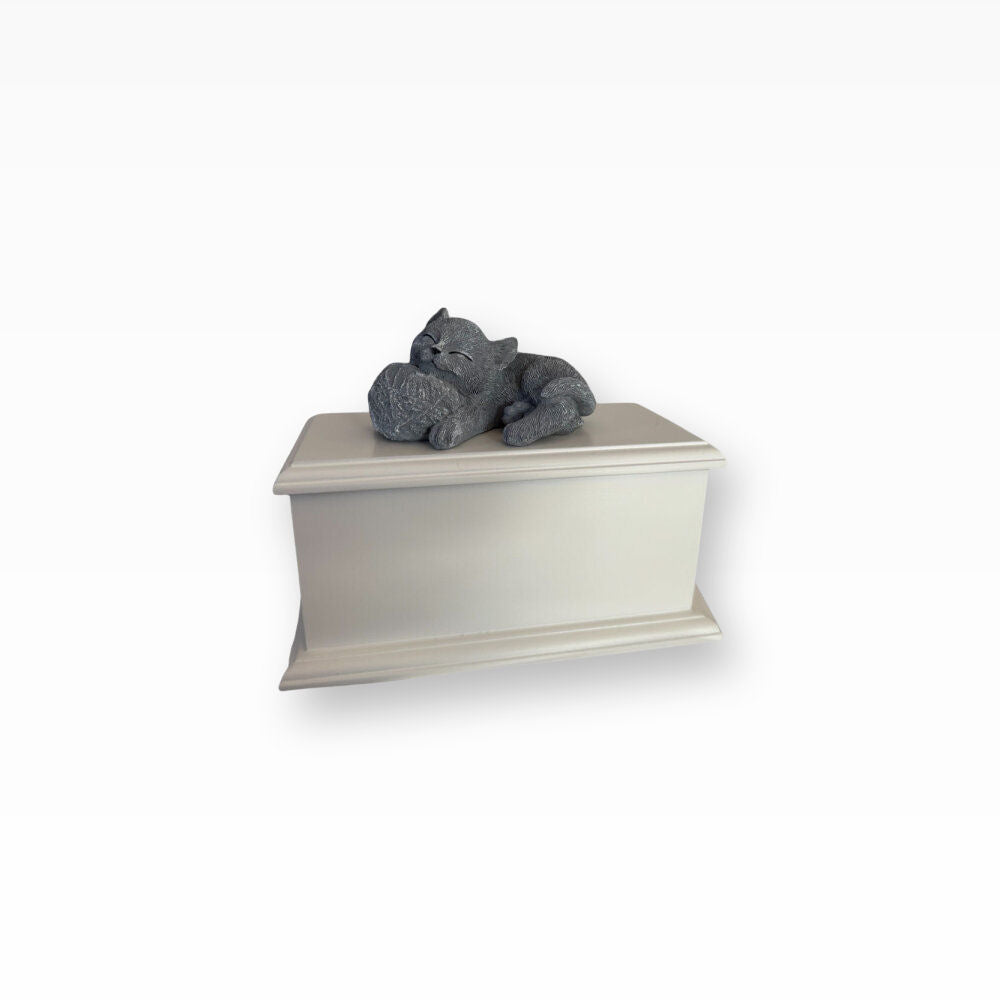 Katzenurne Edle Holzurne mit Katzenfigur Katze mit Wollknäul