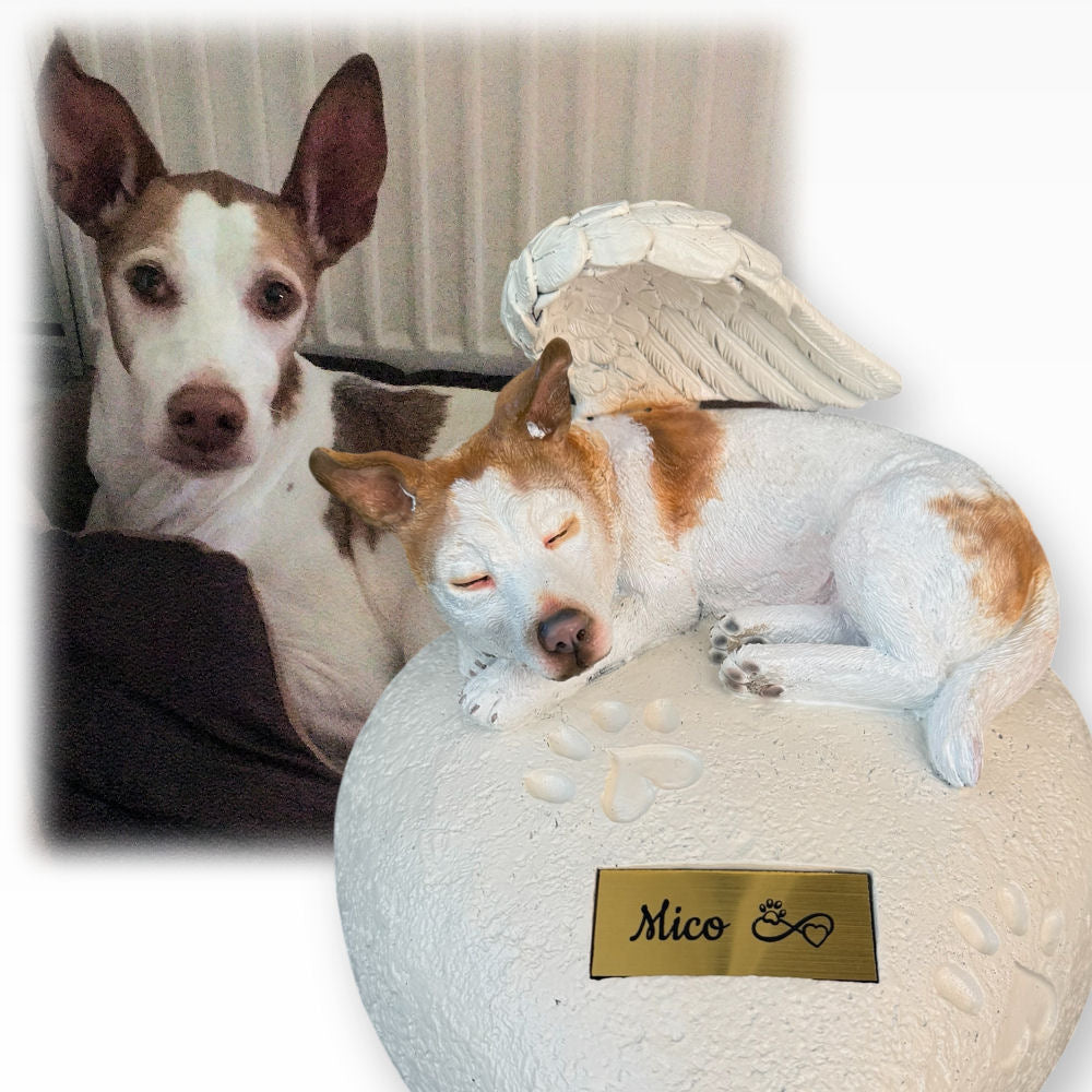 Monello® Hundeurne Hund auf Herz Stehende Ohren bemalt nach Fotovorlage