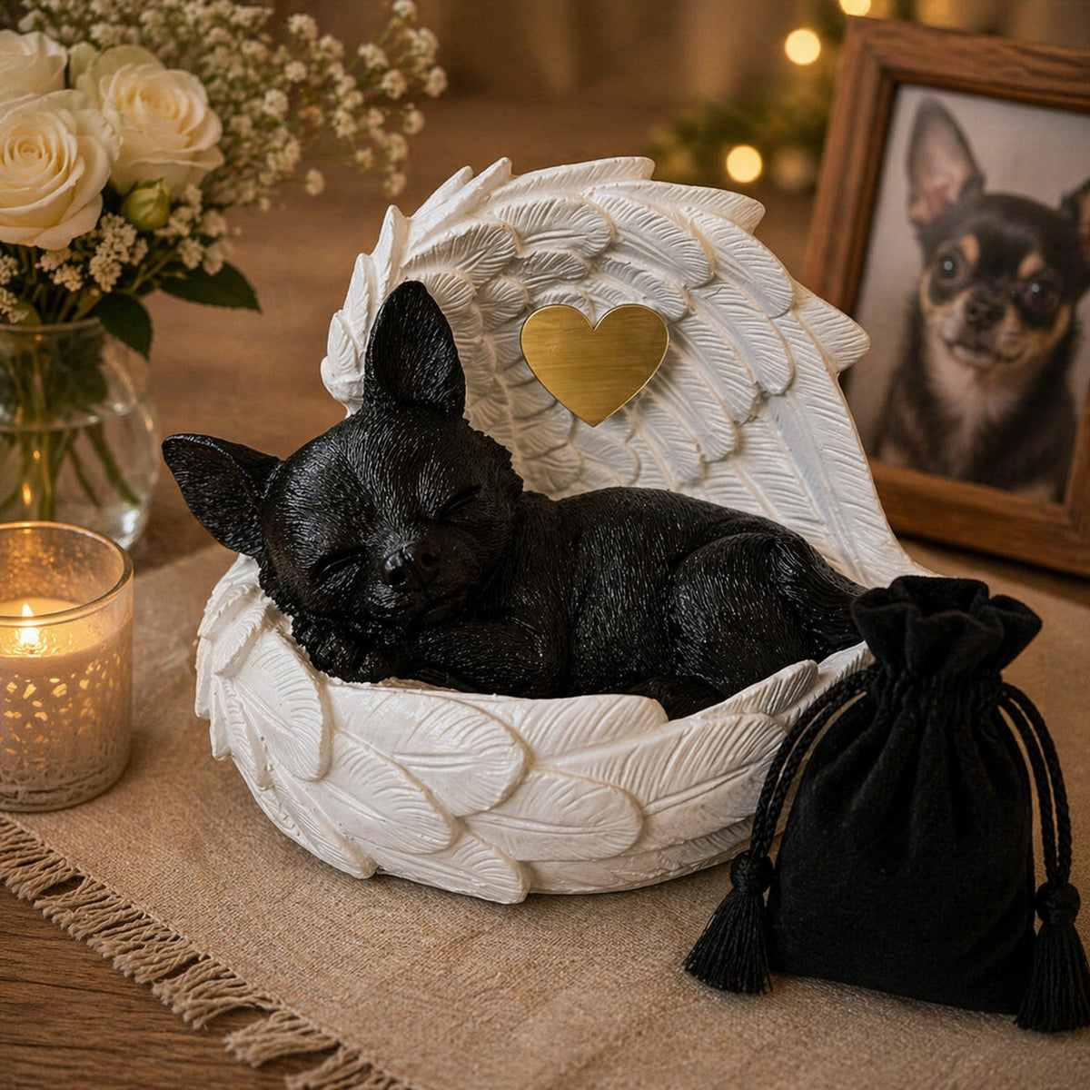 Monello Hundeurne Deluxe Chihuahua in goldenen Engelsflügeln mit Gravurherz