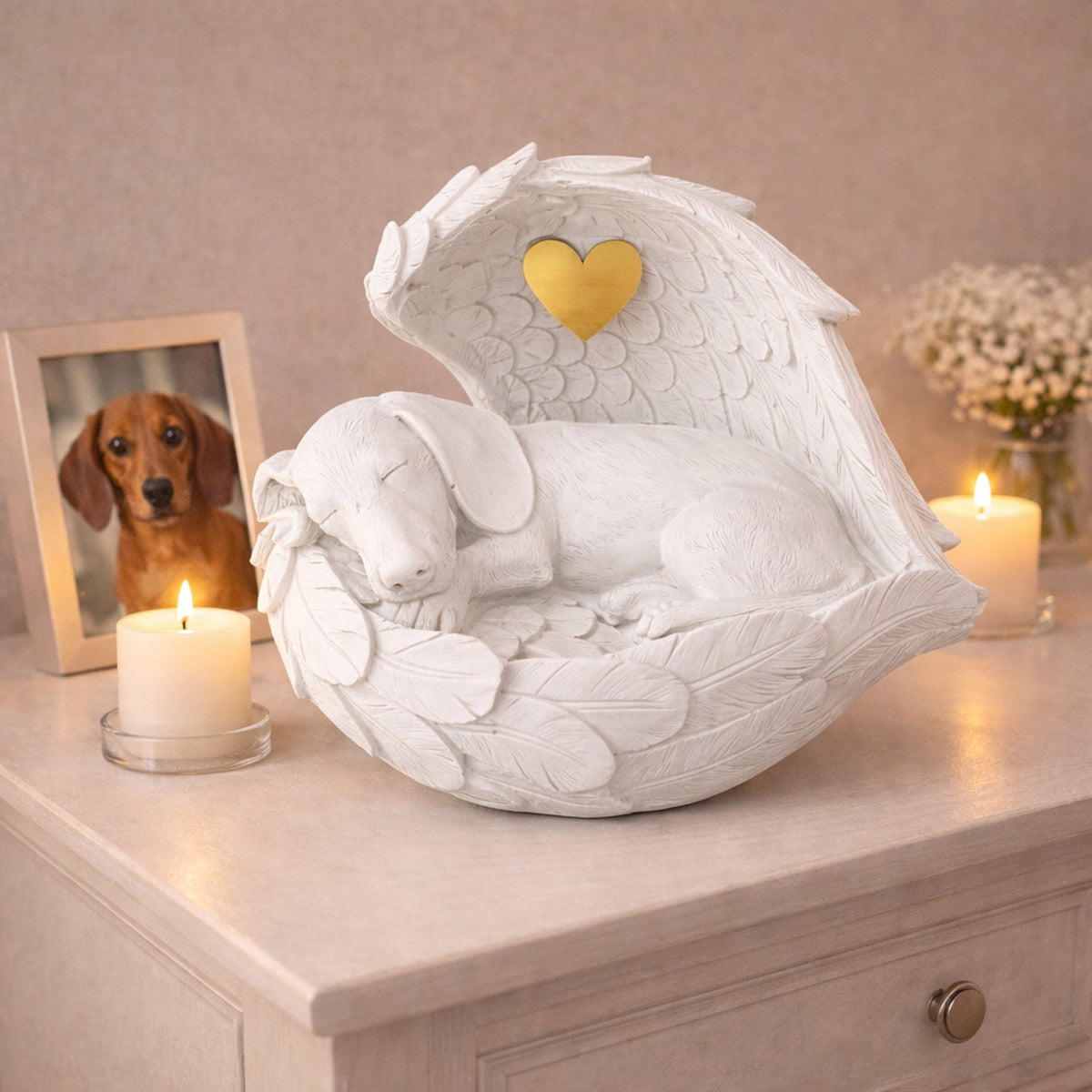 Monello Hundeurne Dackel in Engelsflügeln mit goldenem Herz