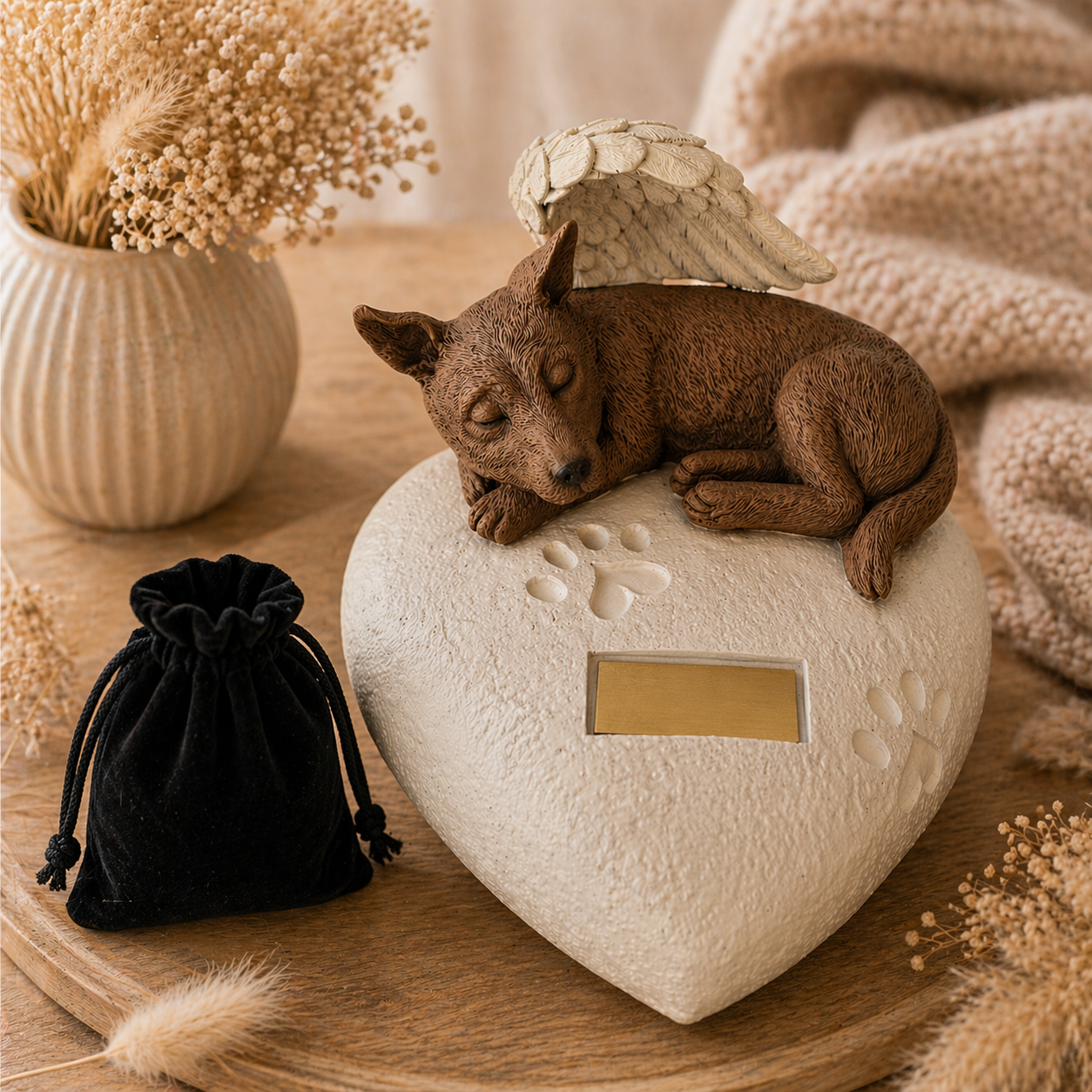 Monello® Hundeurne Deluxe Hund auf Herz mit stehenden Ohren mit Gravur
