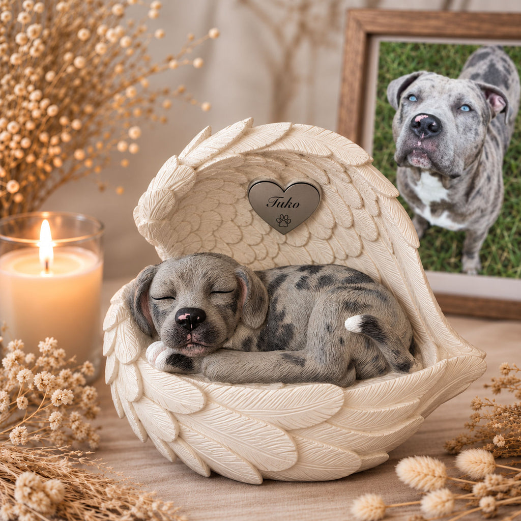 Monello® Hundeurne Hund in Engelsflügel bemalt nach Fotovorlage