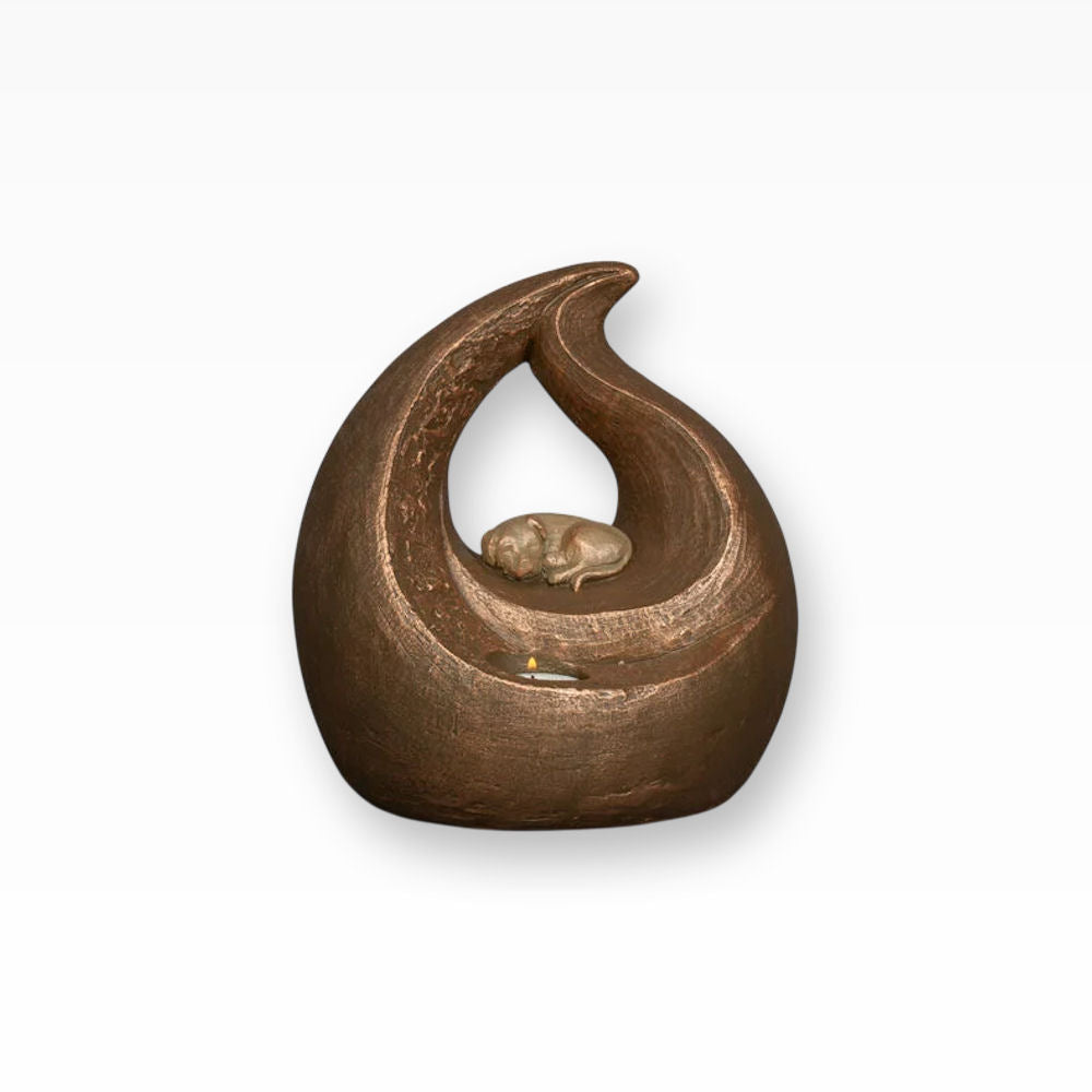 Urne für Hunde mit Hundefigur liegend und Teelicht