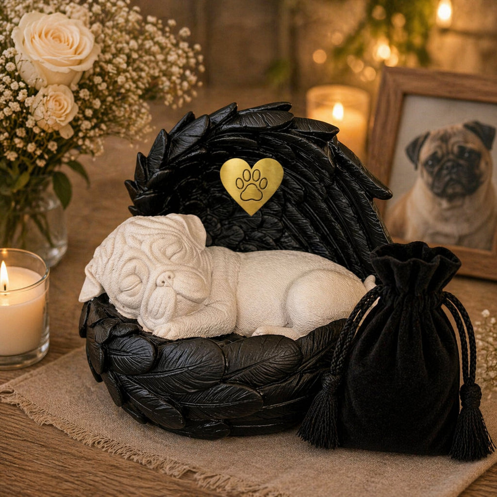 Monello Hundeurne Deluxe Mops in Engelsflügeln mit goldenem Pfotenherz