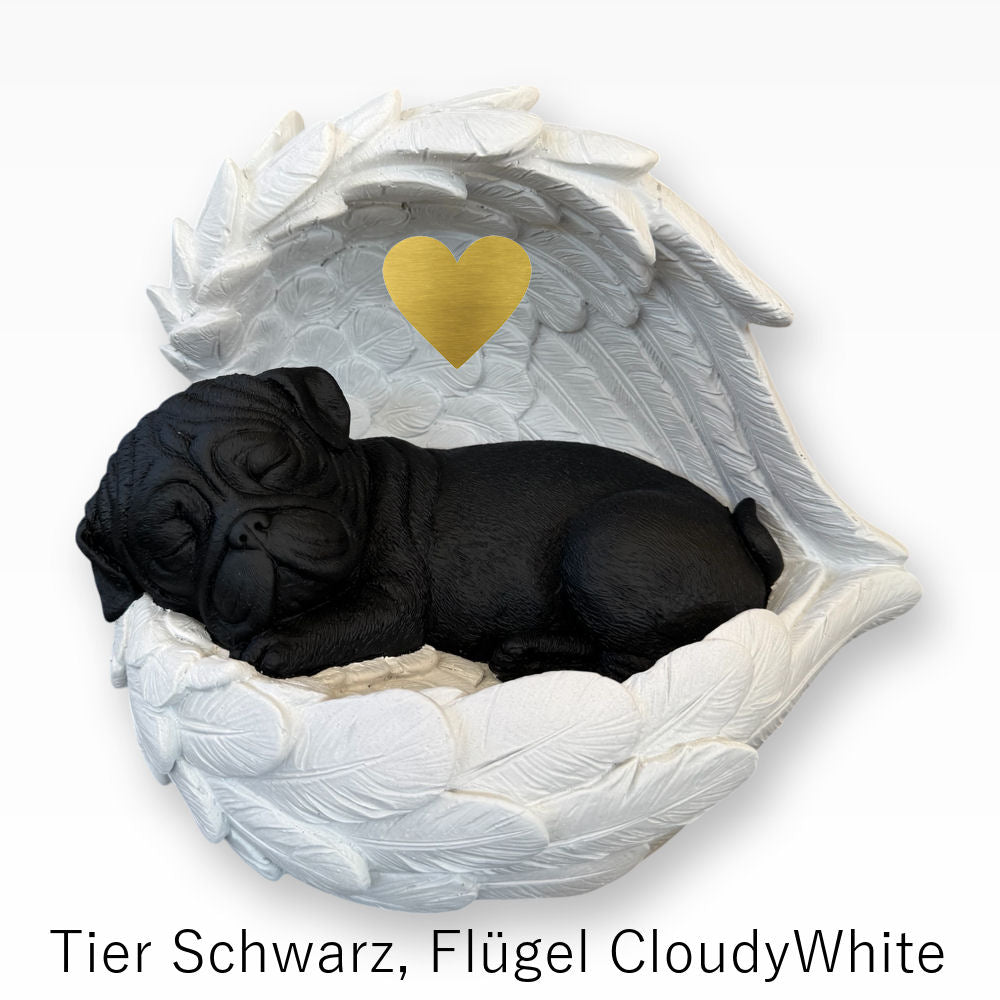 Monello® Hundeurne Deluxe Mops in Engelsflügeln mit Gravur