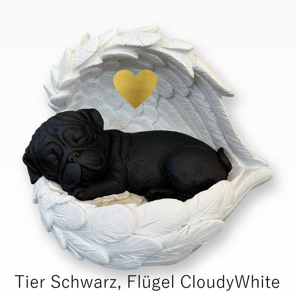 Monello® Hundeurne Deluxe Mops in Engelsflügeln mit Gravur