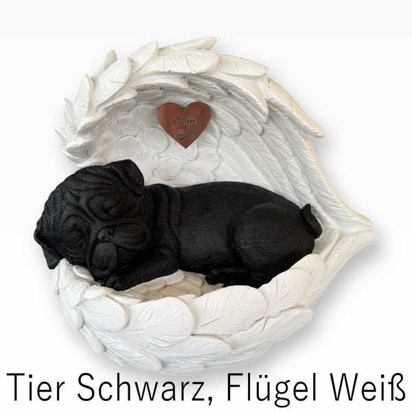Monello® Hundeurne Deluxe Mops in Engelsflügeln mit Gravur