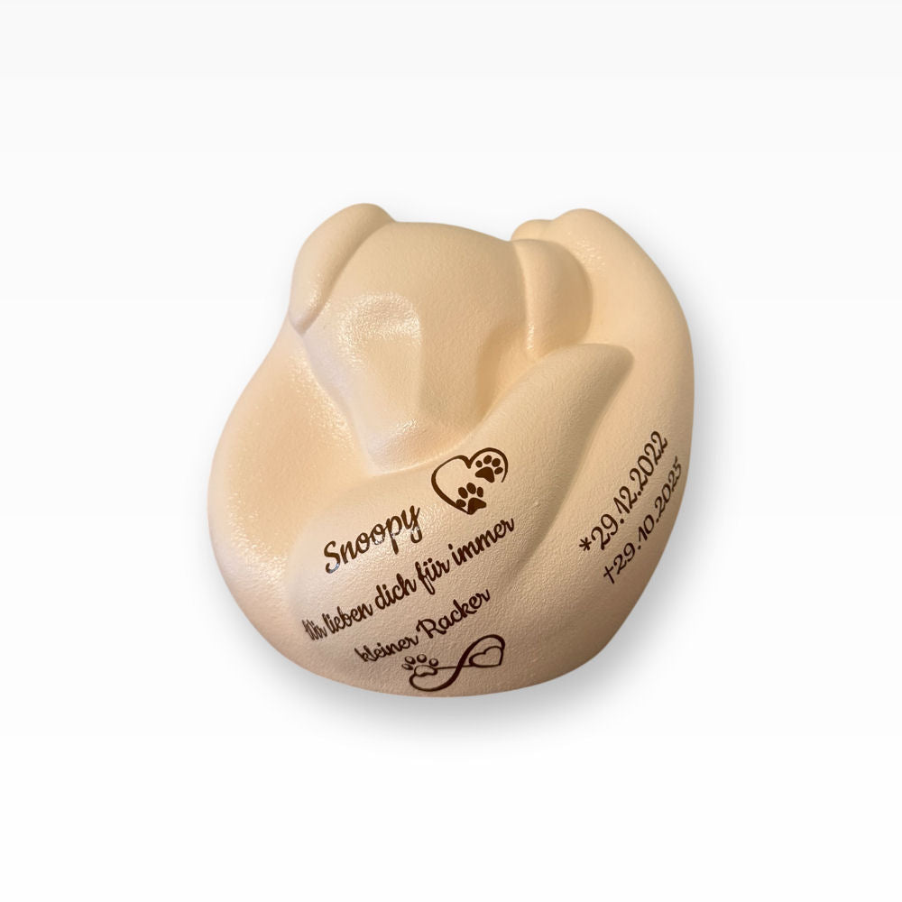 Hundeurne Porzellan Schlafender Hund in Hand