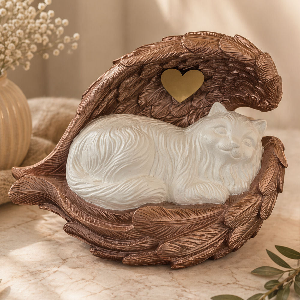 Monello® Deluxe Katzenurne Langhaar Katze in Engelsflügeln mit Gravur