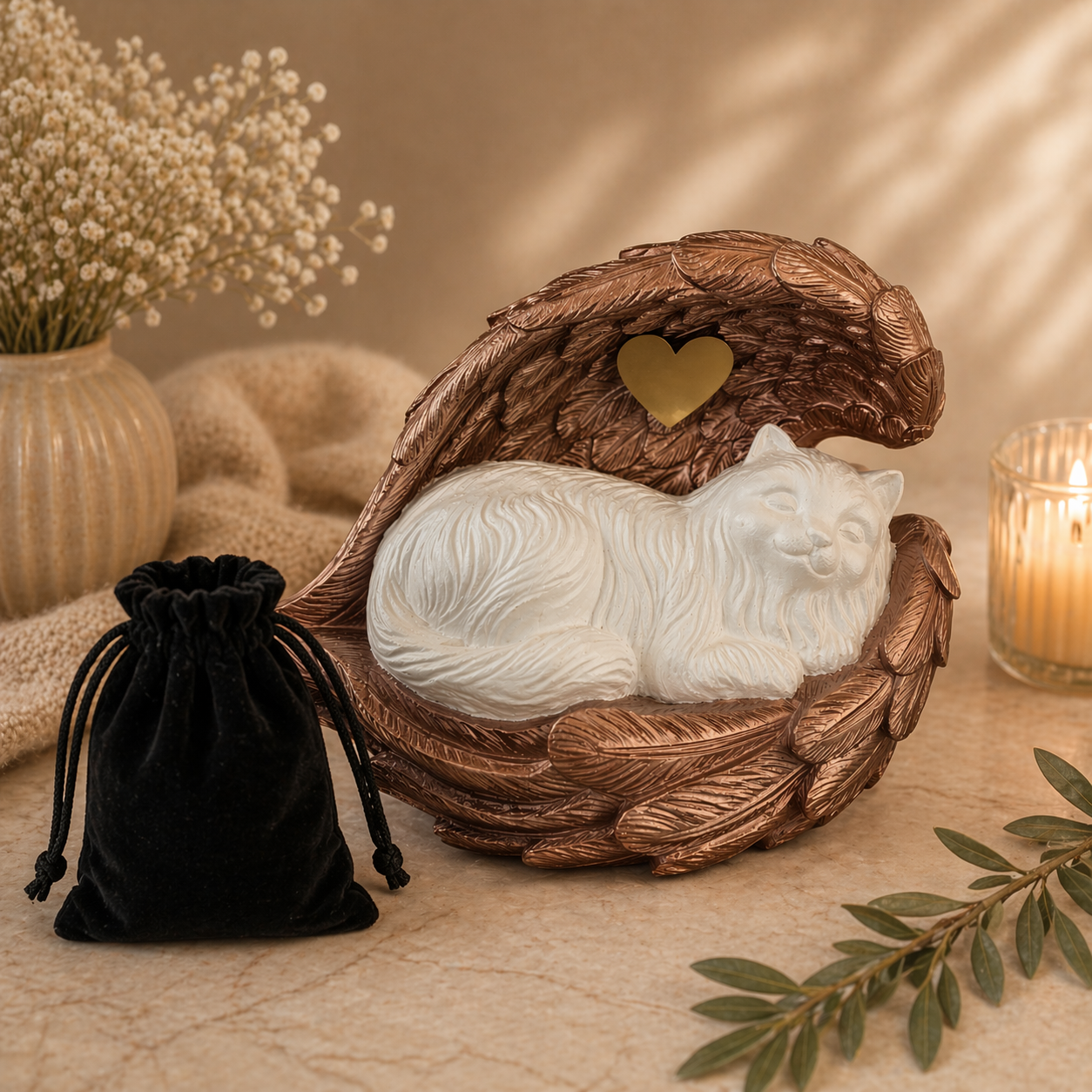 Monello® Deluxe Katzenurne Langhaar Katze in Engelsflügeln mit Gravur