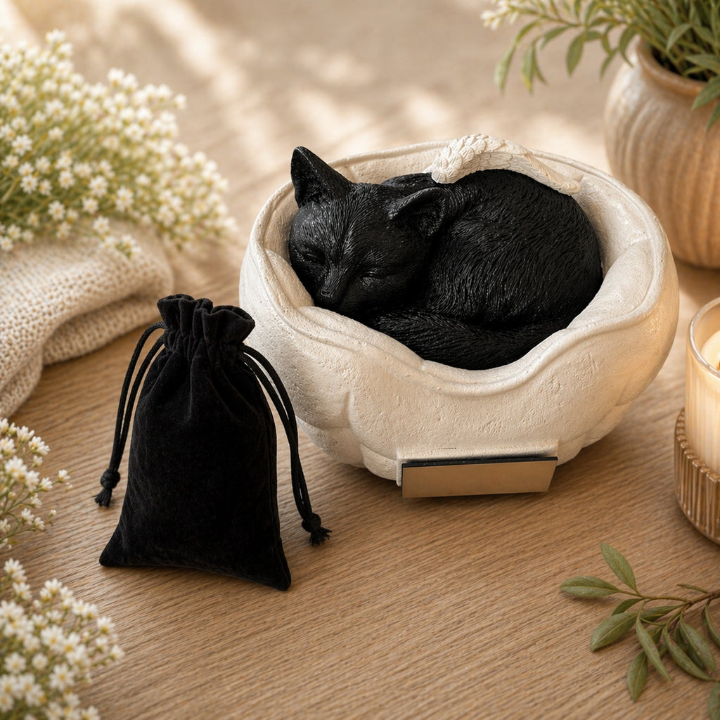 Monello Katzenurne Deluxe schlafende schwarze Katze im cremefarbenen Bettchen mit Gravurplatte