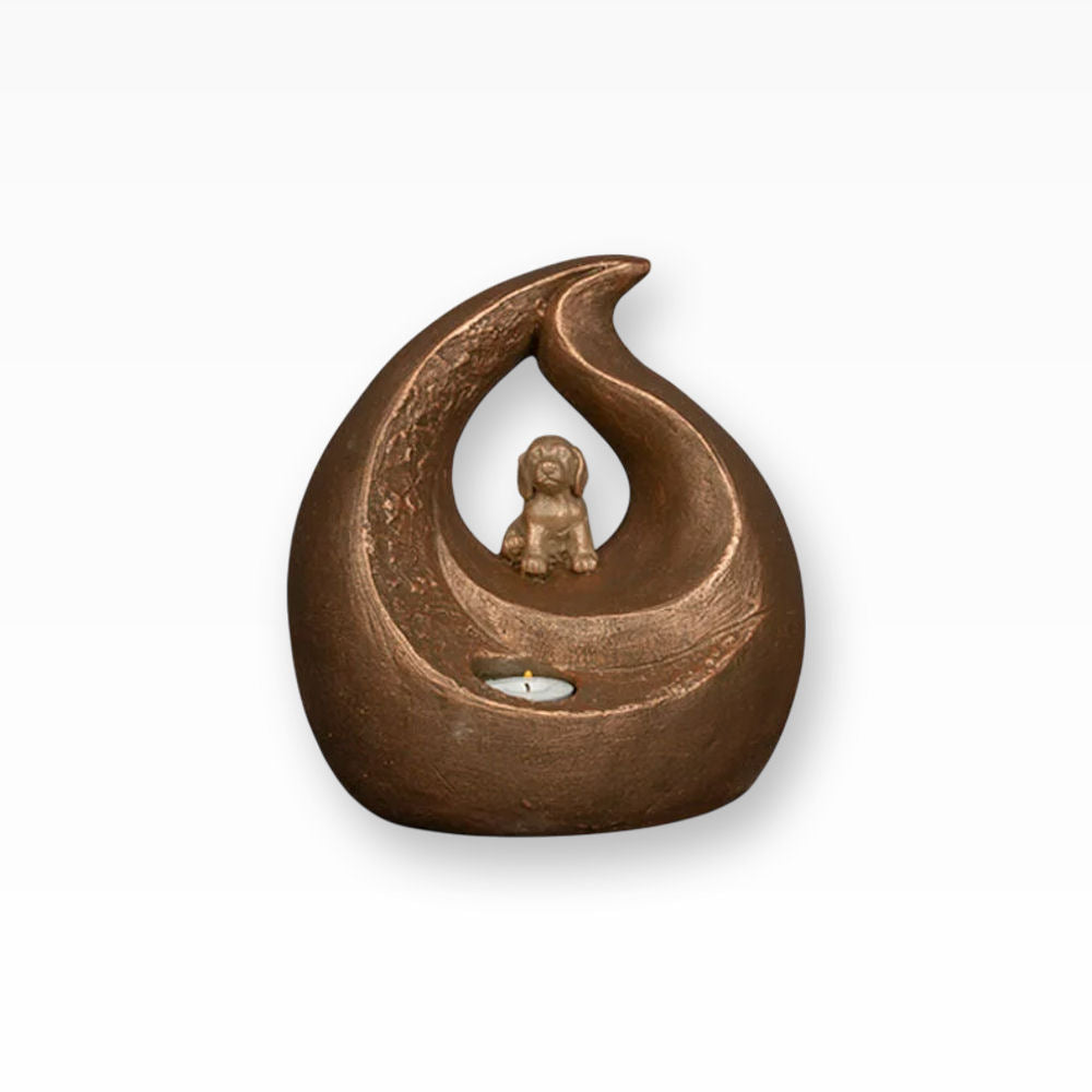 Urne für Hunde mit Hundefigur sitzend und Teelicht