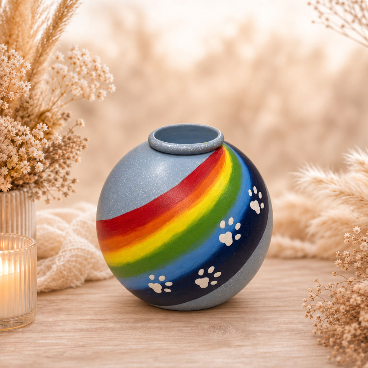Keramikurne Kugel mit Teelicht Motiv Regenbogen