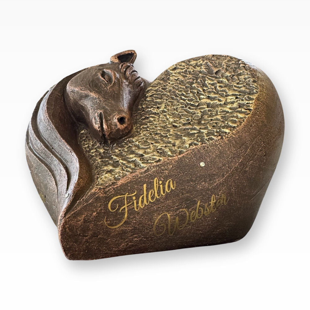 Urne für Pferde aus Keramik Herz mit Pferdekopf