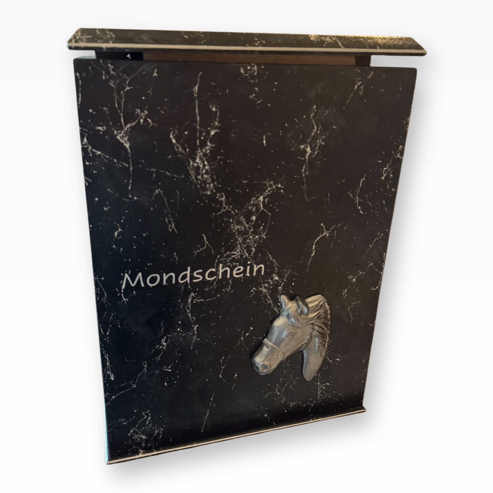 Urne für Pferd Marmoroptik Schwarz mit Pferdekopf in 3D