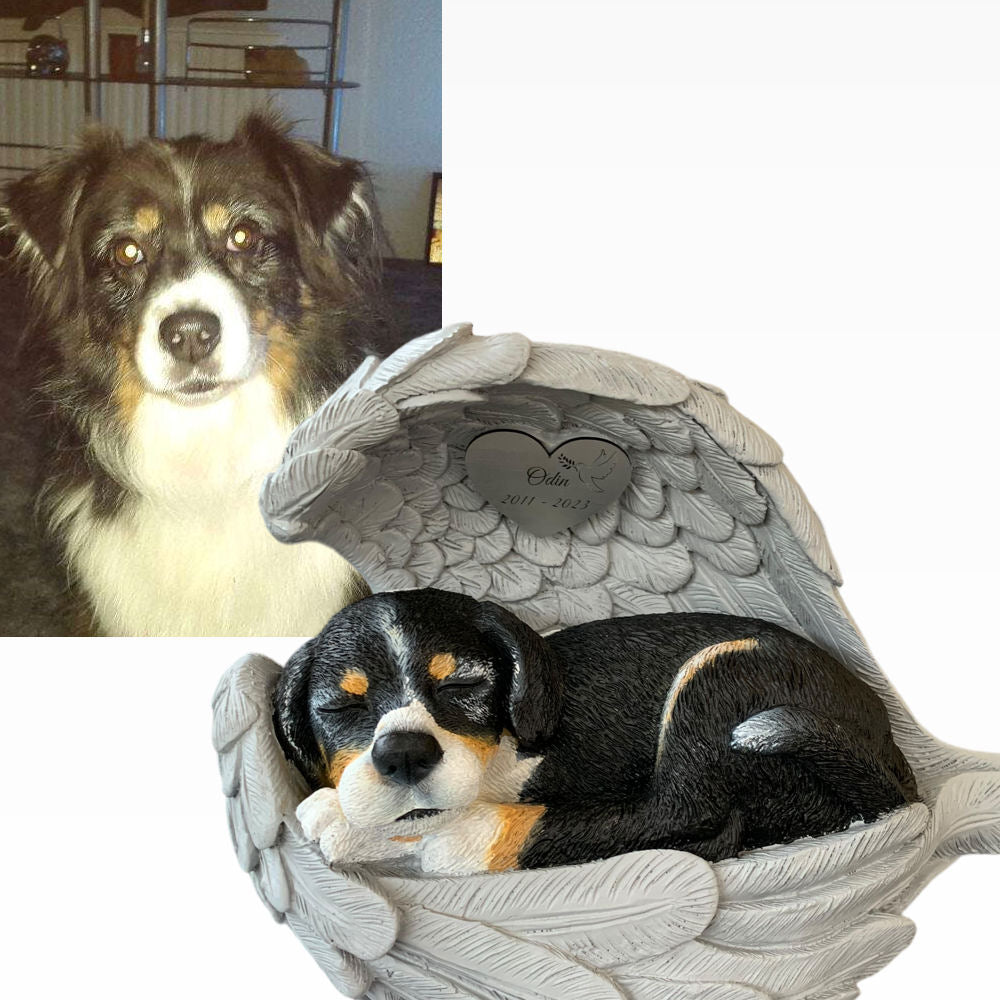Monello® Hundeurne Hund in Engelsflügel bemalt nach Fotovorlage