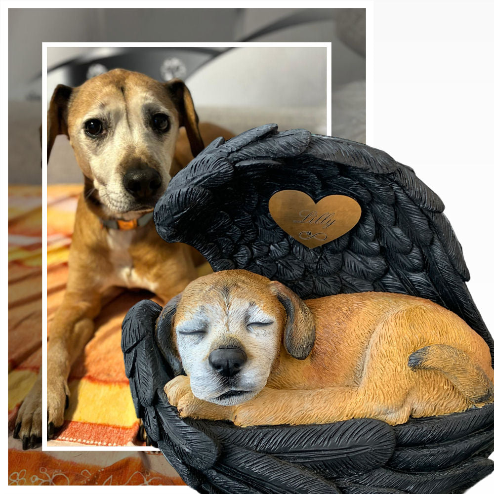 Monello® Hundeurne Hund in Engelsflügel bemalt nach Fotovorlage