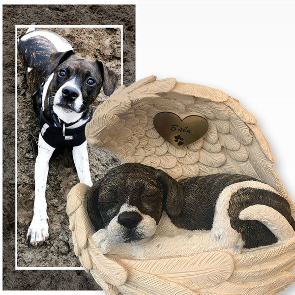 Monello® Hundeurne Hund in Engelsflügel bemalt nach Fotovorlage