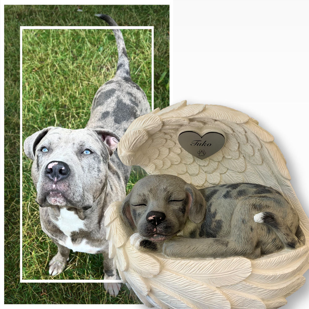 Monello® Hundeurne Hund in Engelsflügel bemalt nach Fotovorlage
