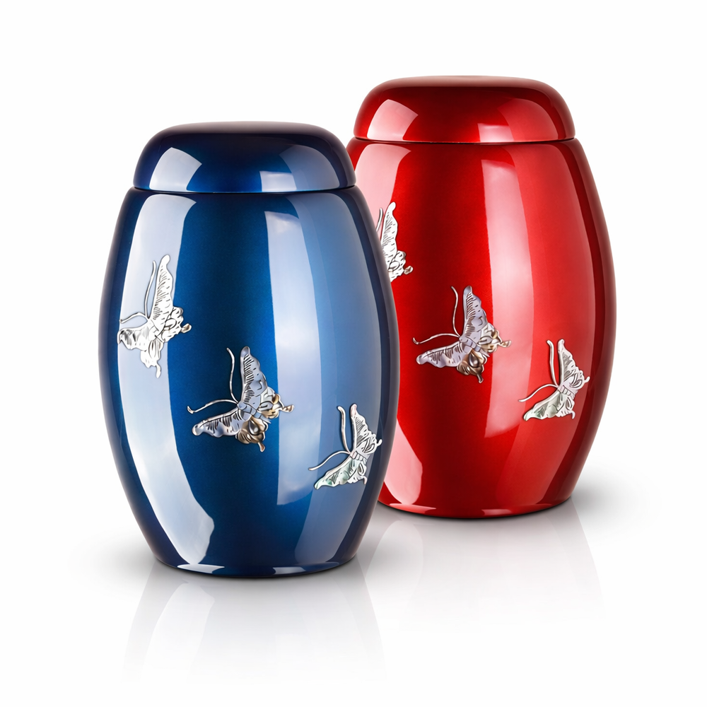 Glasfaser-Humanurne mit Schmetterlingsmotiv