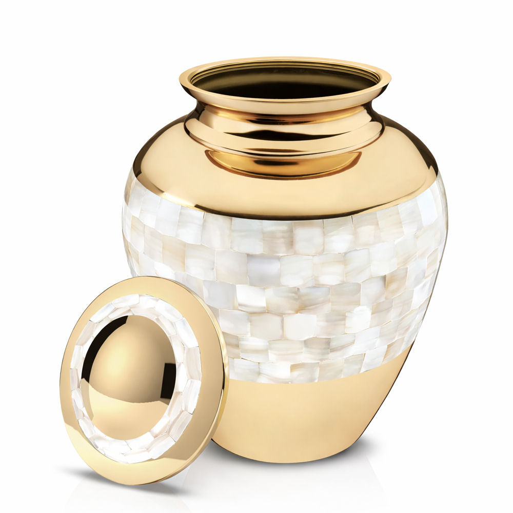 Exklusive Design-Humanurne in Gold mit Perlmutt-Mosaik