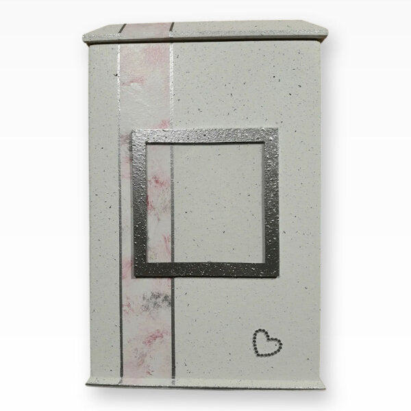 Tierurne Weiss Silber Rosa Dekorband mit Teelicht und Bilderrahmen